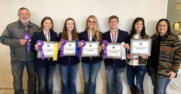 NATIONAL CHAMPION LIVESTOCK QUIZ BOWL TEAM - Team Texas 4-H, representing District 11 4-H, coming from Austin County 4-H! L to R: Rodney Melnar, Emma Eckelberg, Morgan Hesters, Brooke Diezi, Stewart Poffenberger, Coach Janet Melnar, CEA Kailyn Capps, 4-H & Youth Development